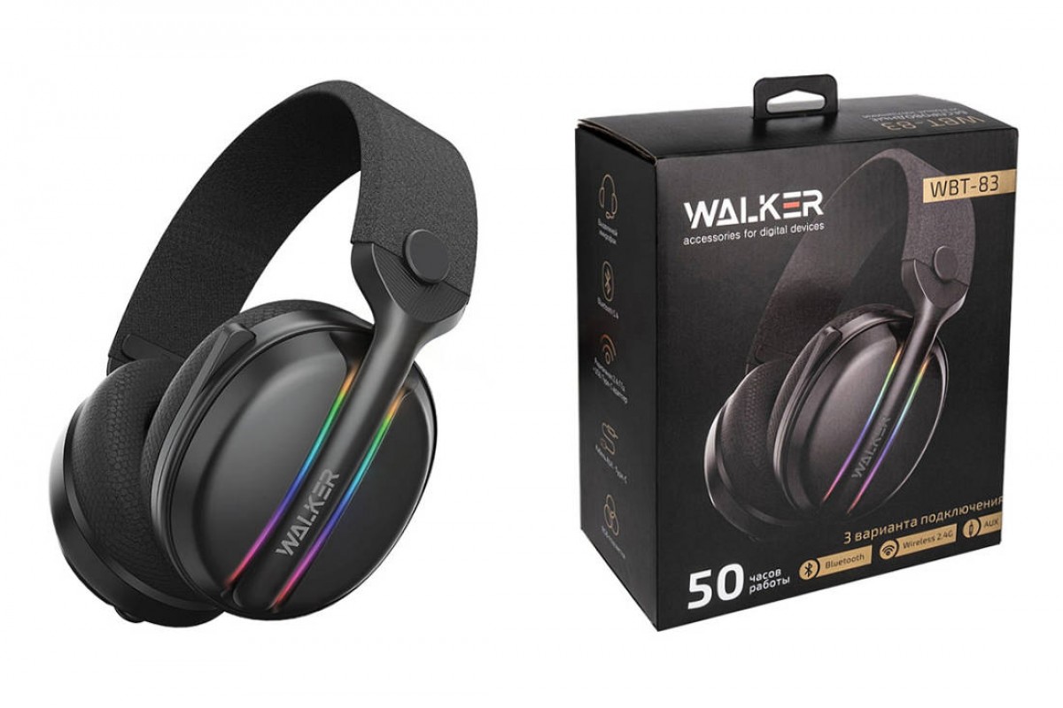 Наушники мониторные беспроводные WALKER  WBT-83, Bluetooth, 3в1 (AUX, 2,4 ГГц), микрофон, подсветка, полноразм, черные