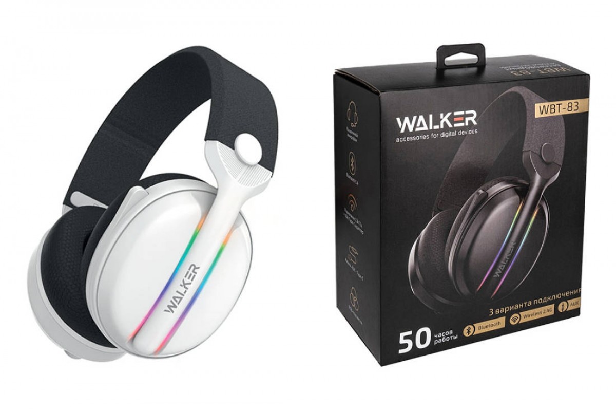 Наушники мониторные беспроводные WALKER WBT-83, Bluetooth, 3в1 (AUX, 2,4 ГГц), микрофон, подсветка, полноразм, белые Наушники мониторные беспроводные WALKER WBT-83, Bluetooth, 3в1 (AUX, 2,4 ГГц), микрофон, подсветка, полноразм, белые
