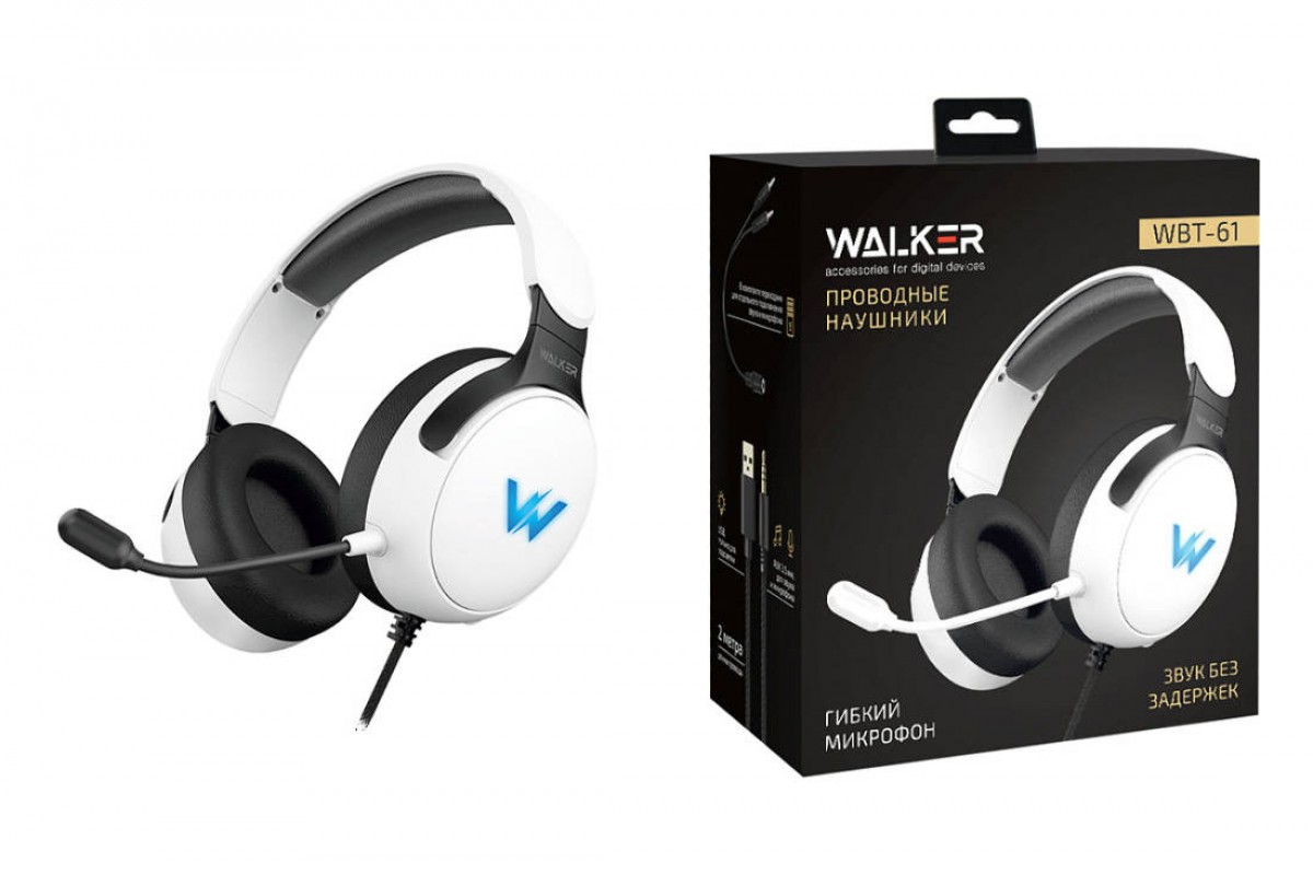 Наушники мониторные проводные WALKER  WBT-61, проводные, полноразмерные, гибкий микрофон, с подcветкой, белые