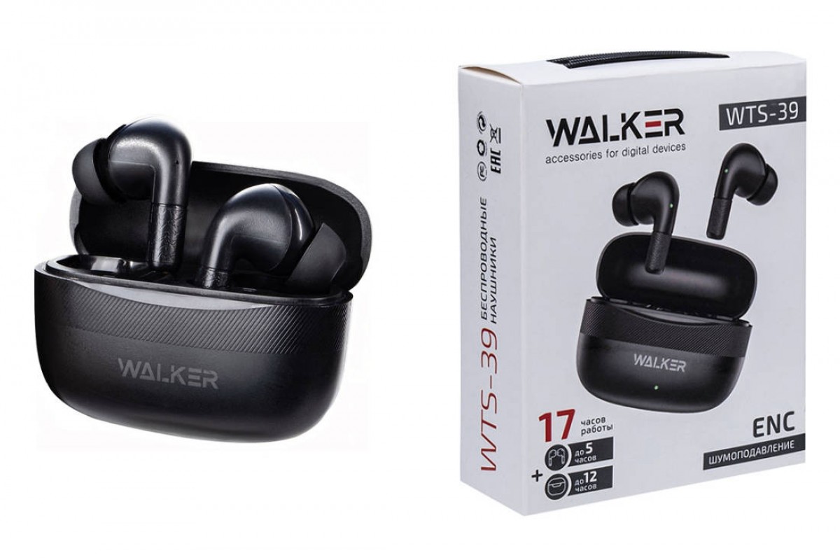 Наушники вакуумные беспроводные WALKER WTS-39, шумопод. ENC, независ. работа наушников, черные