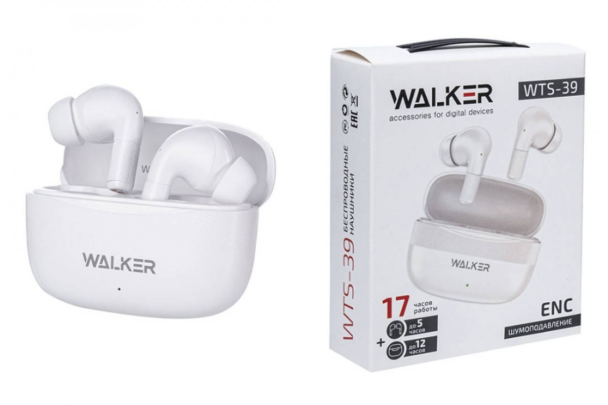 Наушники вакуумные беспроводные WALKER WTS-39, шумопод. ENC, независ. работа наушников, белые