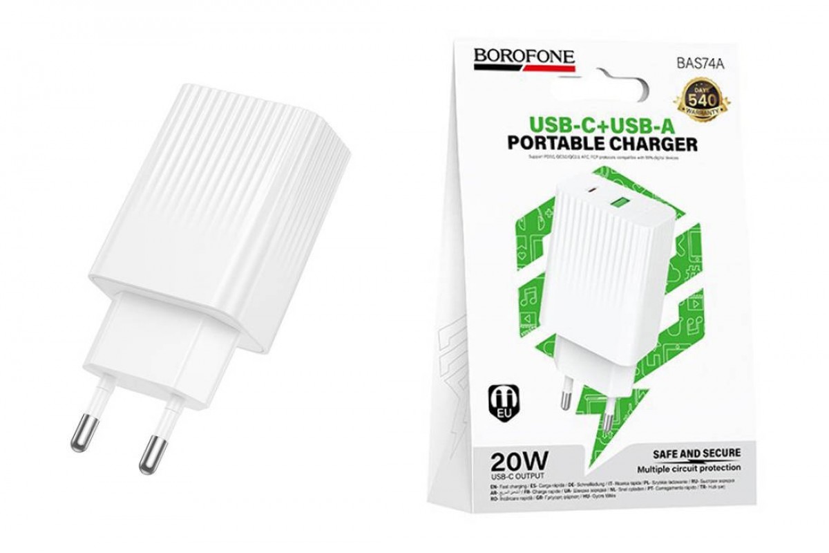 Сетевое зарядное устройство USB + USB-C BOROFONE BAS74A Source PD20W+QC3.0 (EU) белый