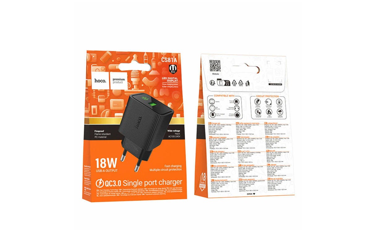 Сетевое зарядное устройство HOCO CS81A Excellent single port QC3.0 с цифровым дисплеем (черный)