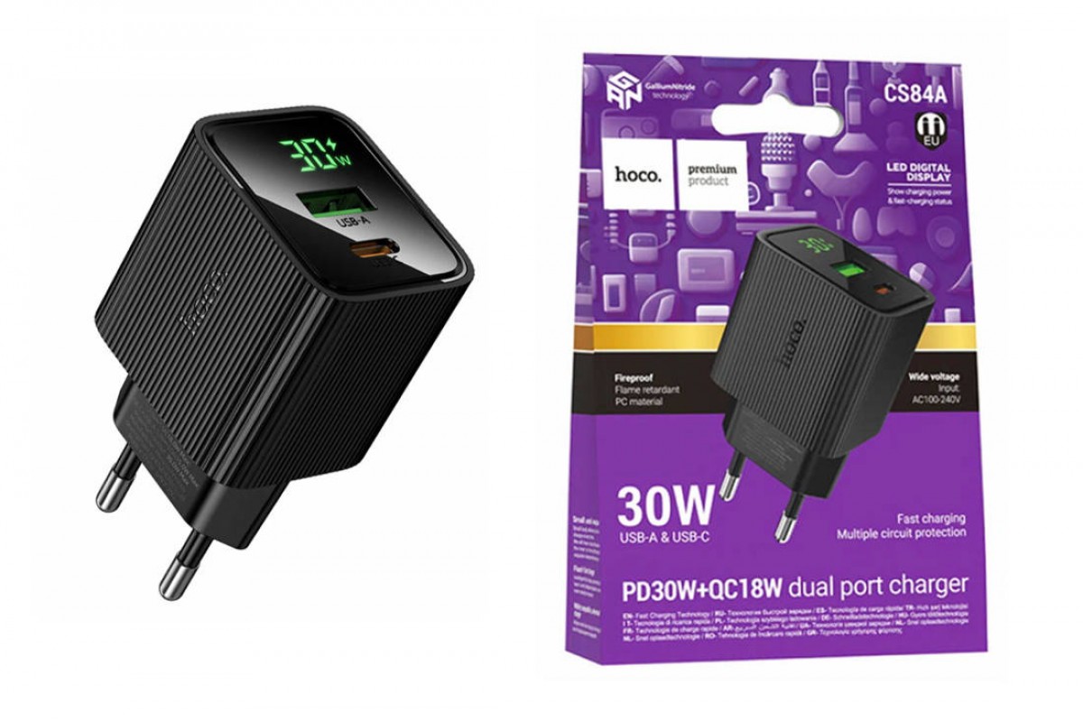 Сетевое зарядное устройство USB + USB-C HOCO CS84A Excellent PD30W+QC3.0 charger with digital display (черное)