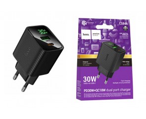 Сетевое зарядное устройство USB + USB-C HOCO CS84A Excellent PD30W+QC3.0 charger with digital display (черное)