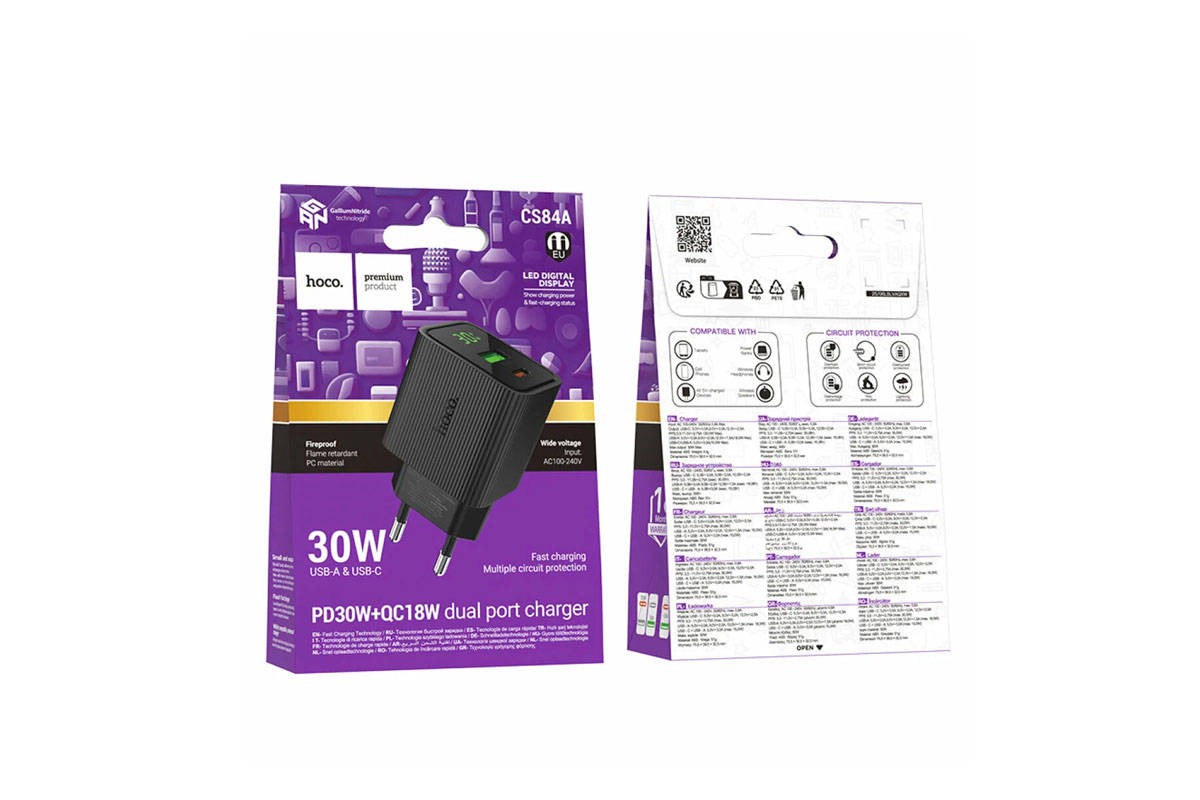 Сетевое зарядное устройство USB + USB-C HOCO CS84A Excellent PD30W+QC3.0 charger with digital display (черное)