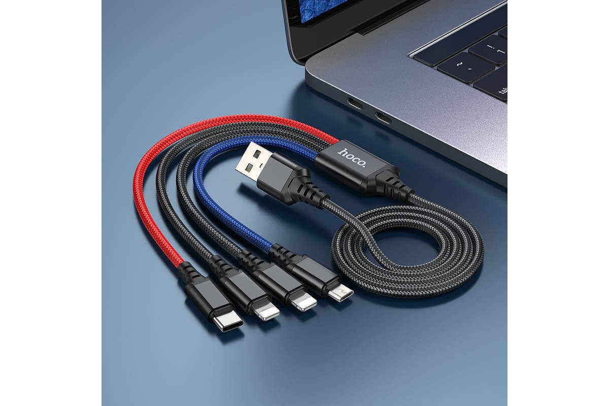 Кабель USB 4 в 1 HOCO X76 lightning/Lightning/Micro/Type-C (черный) 1м