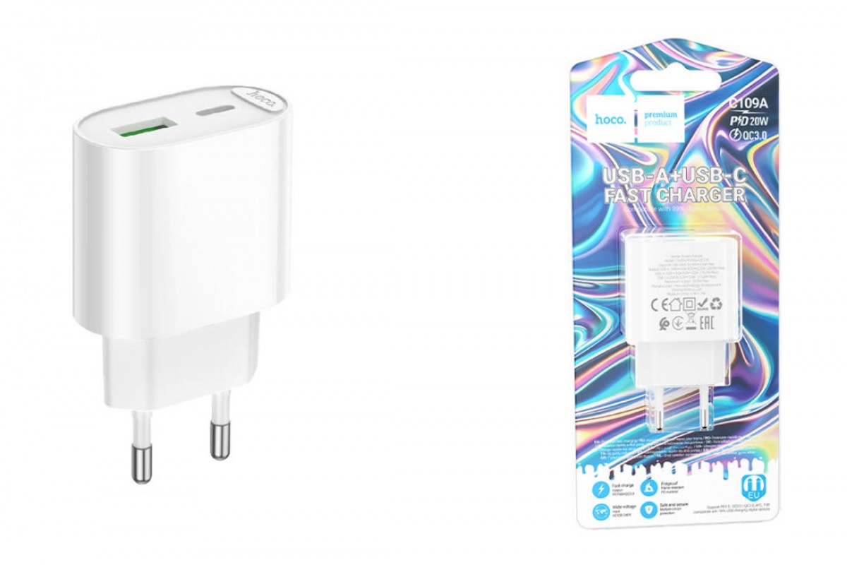 Сетевое зарядное устройство USB + USB-C HOCO C109A (PD20W+QC3.0) Fighter PD20W+QC3.0 (белый) Сетевое зарядное устройство USB + USB-C HOCO C109A (PD20W+QC3.0) Fighter PD20W+QC3.0 (белый)