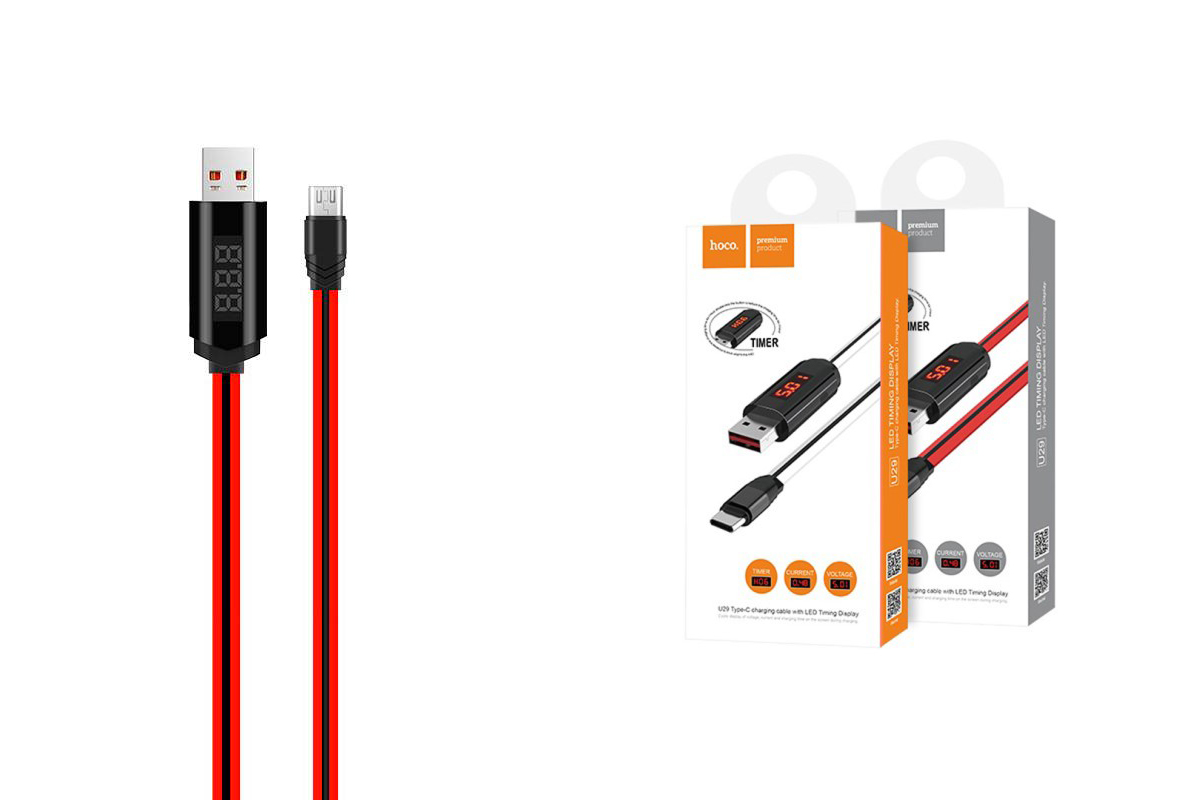 Кабель USB HOCO U29 LED displayed timing type-c charging cable (красный) 1 метр