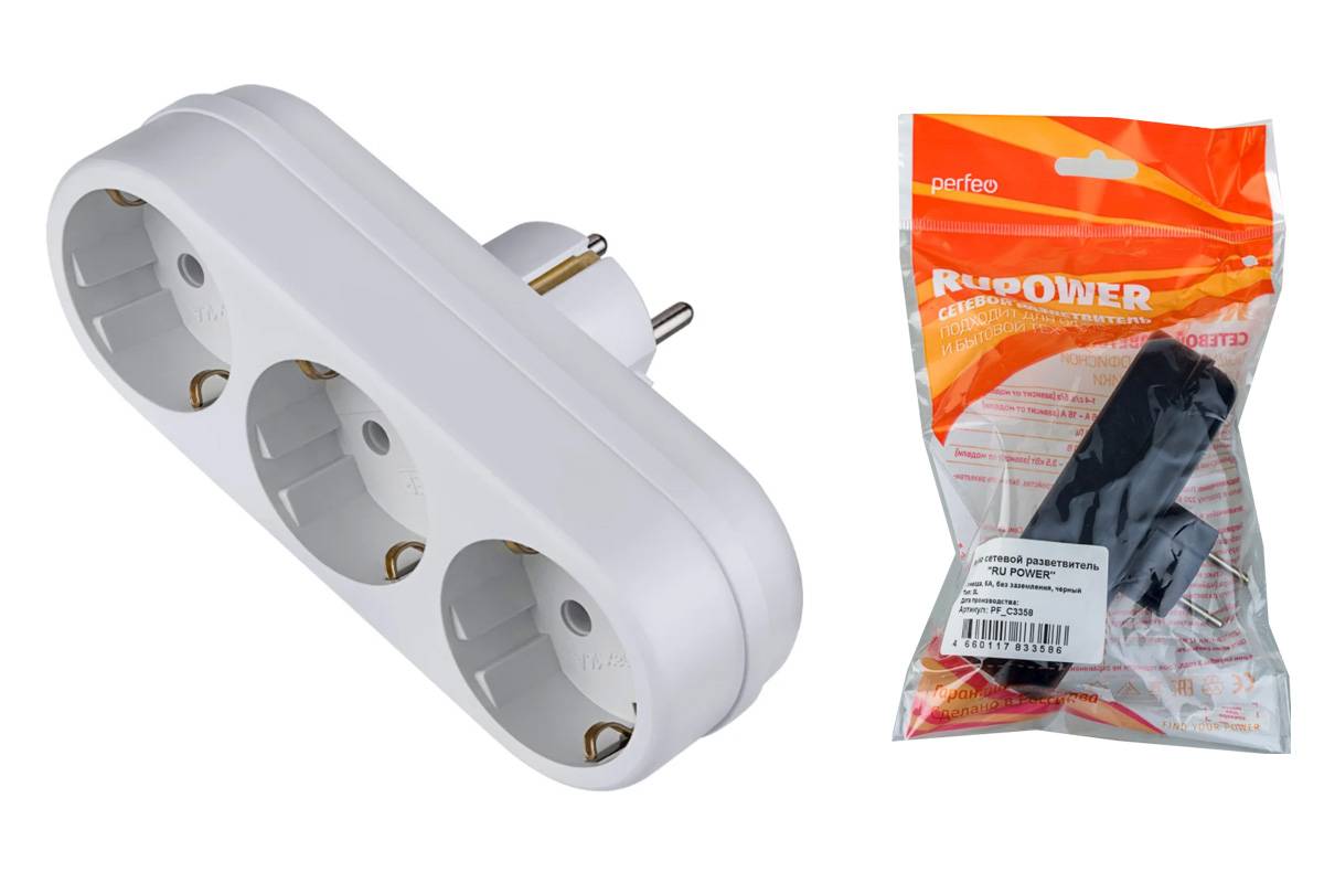 Тройник сетевой Perfeo "RU POWER'' 3 гнезда, 16А, с заземлением, белый (3L3) PF_C3359