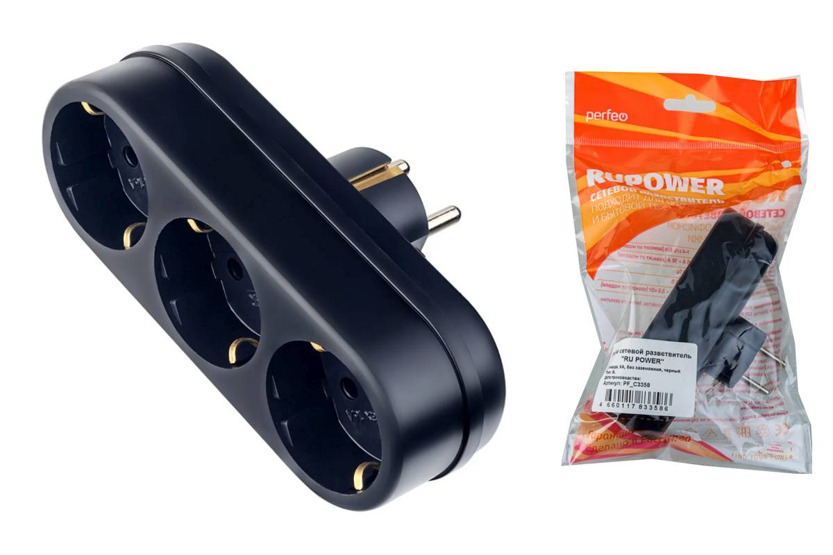 Тройник сетевой Perfeo "RU POWER'' 3 гнезда, 16А, с заземлением, черный (3L3) PF_C3360