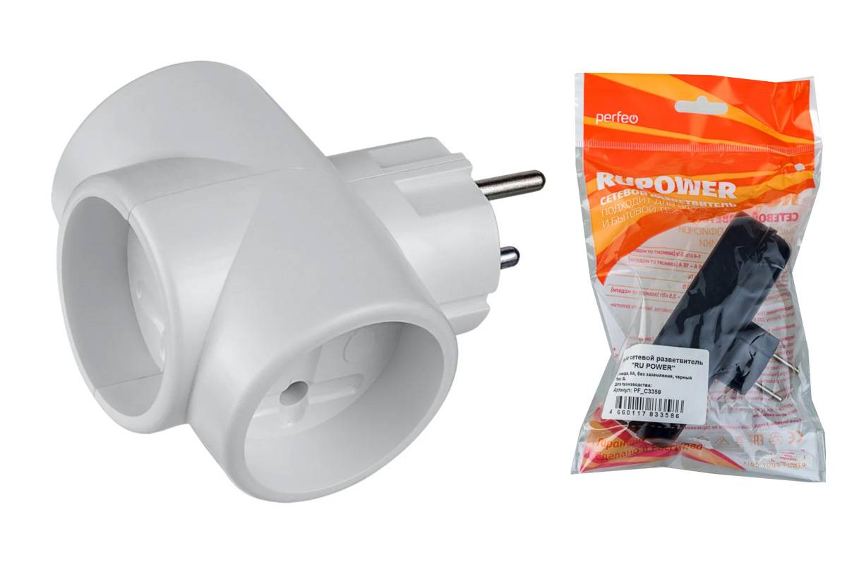 Тройник сетевой Perfeo "RU POWER'' 3 гнезда, 6А, без заземления, белый (3L) PF_C3357