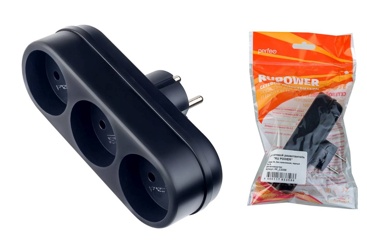 Тройник сетевой Perfeo "RU POWER'' 3 гнезда, 6А, без заземления, черный (3L) PF_C3358