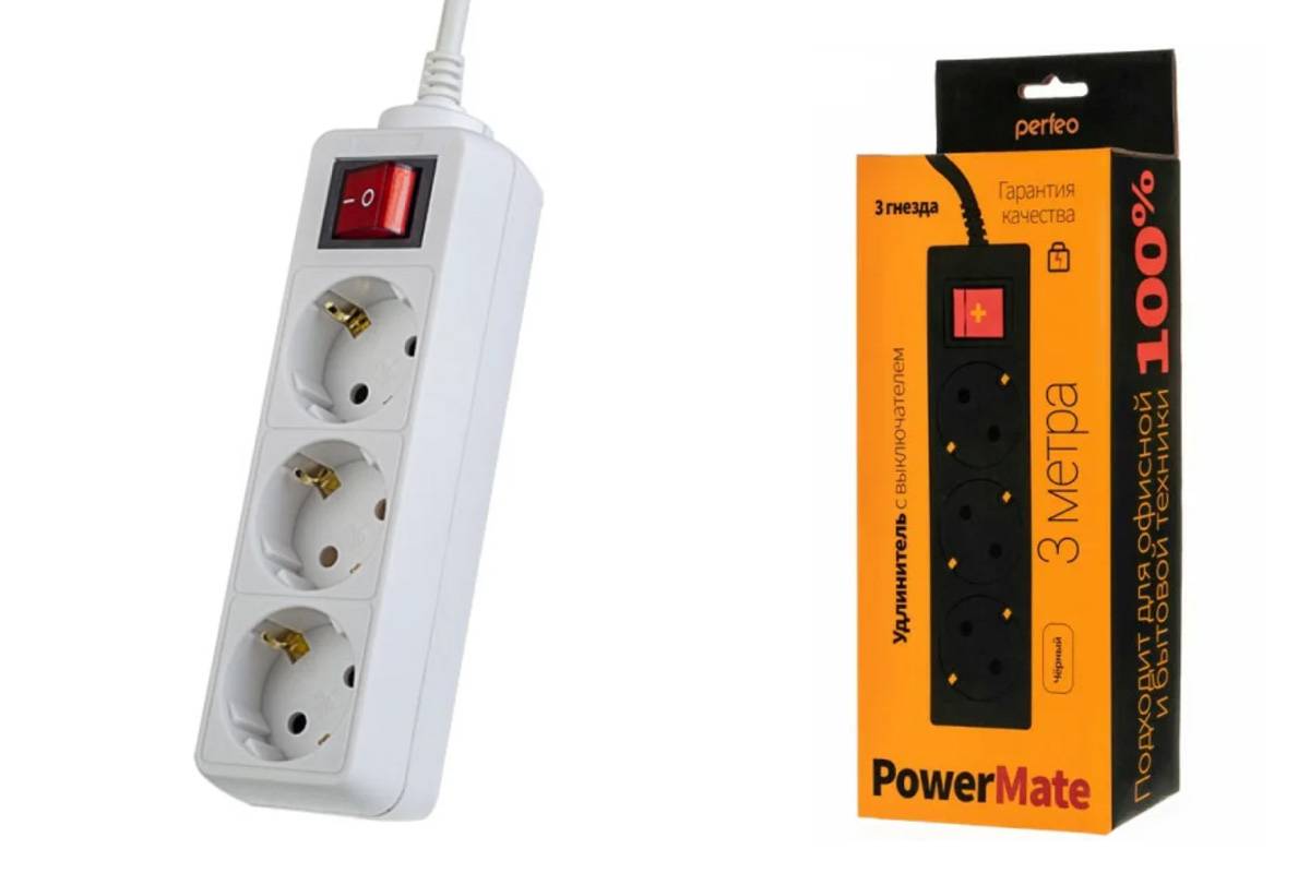 Сетевой удлинитель Perfeo с кнопкой "POWERMATE", 5,0м, 3 розетки, белый (PF-PM-3/5,0-W) PF_A4681