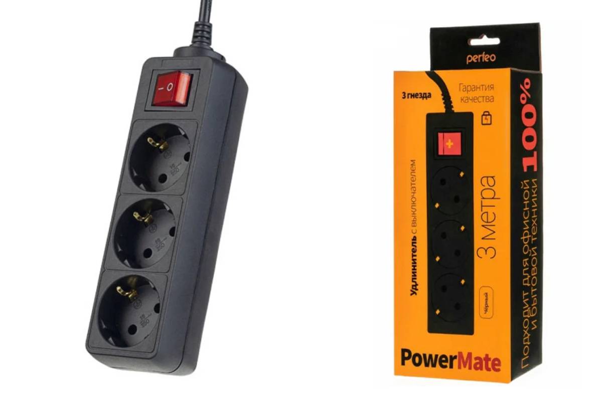Сетевой удлинитель Perfeo с кнопкой "POWERMATE", 5,0м, 3 розетки, черный (PF-PM-3/5,0-B) PF_A4680