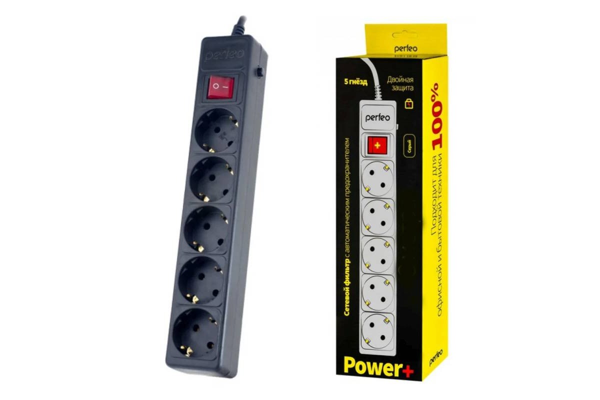 Сетевой фильтр Perfeo "POWER+", 1,8м, 5 розеток, черный (PF-PP-5/1,8-B) PF_A4658
