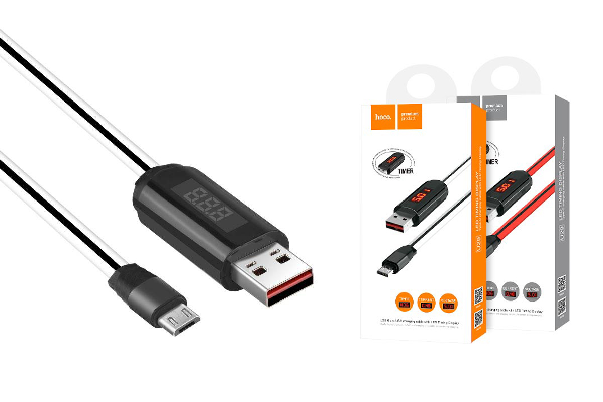 Кабель USB micro USB HOCO U29 LED displayed timing micro charging cable (белый) 1 метр