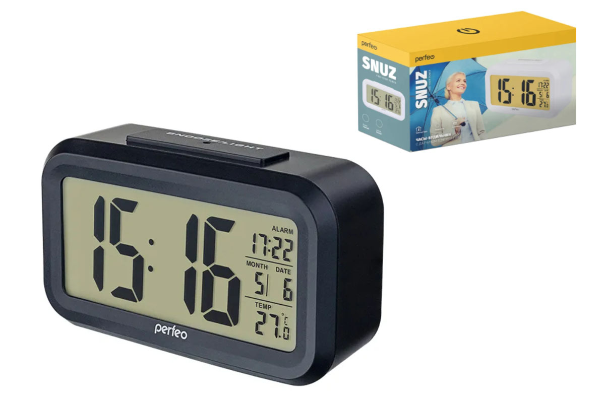 Perfeo Часы-будильник "Snuz", чёрный, (PF-S2166) время, температура, дата