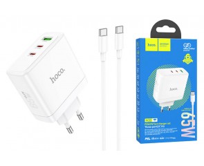 Сетевое зарядное устройство USB + 2USB-C + кабель Type-C HOCO N30 PD65W + QC 3.0 (белый)