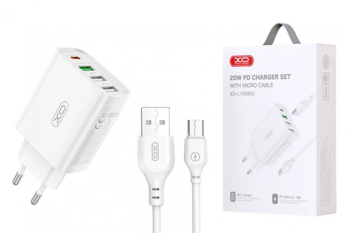 Сетевое зарядное устройство USB + USB-C XO L120 (EU) multi port fast charging charger (USB-C 20W/USB-A 18W) with Micro cable(NB103) (белый)