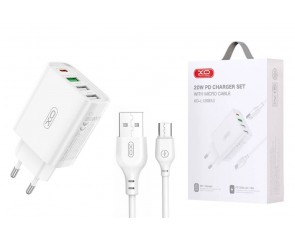 Сетевое зарядное устройство USB + USB-C XO L120 (EU) multi port fast charging charger (USB-C 20W/USB-A 18W) with Micro cable(NB103) (белый)