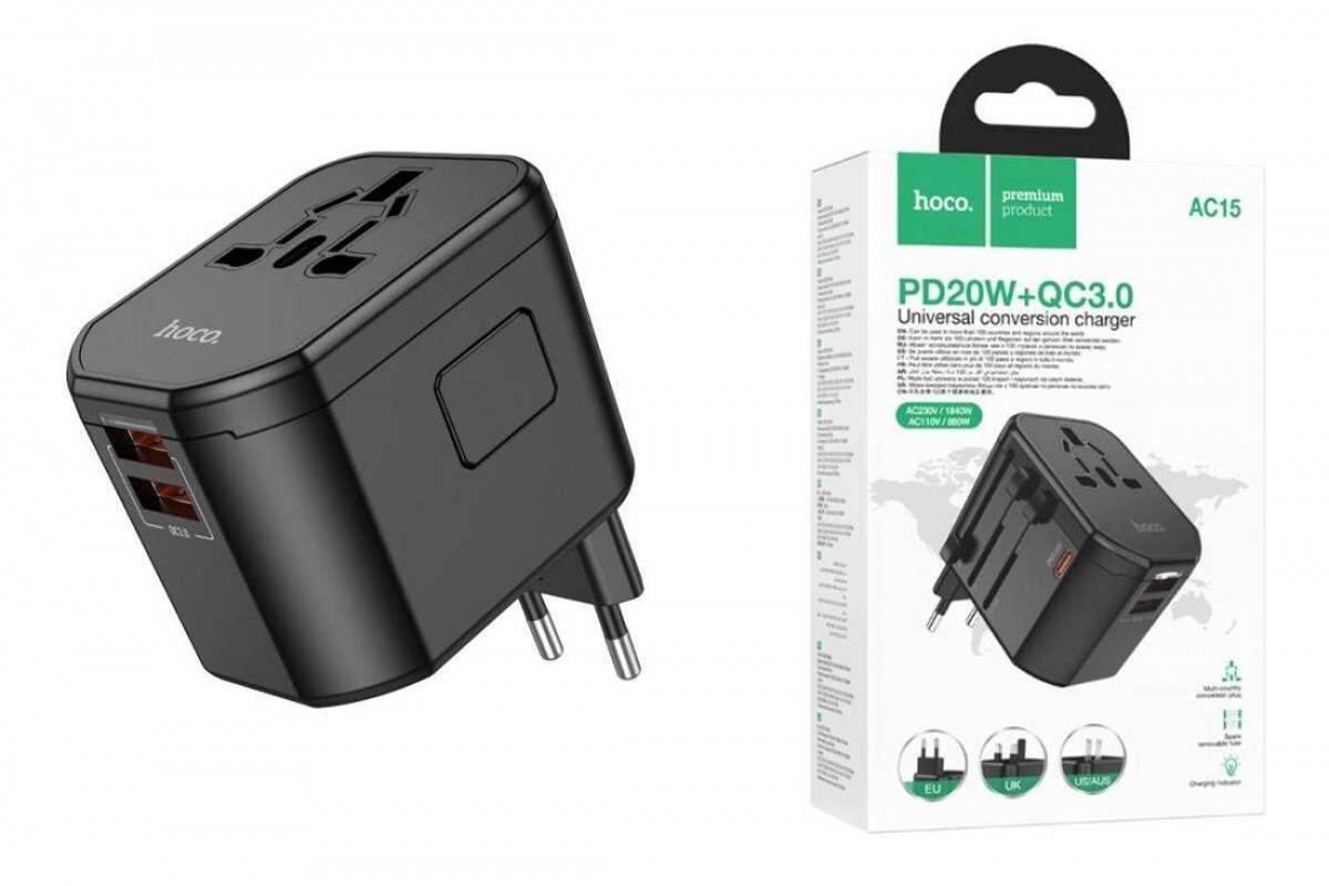Сетевой адаптер-переходник Hoco AC15 Walker three-port PD20W(1C2A) универсальный зарядный конвертер (EU) Black (черный)