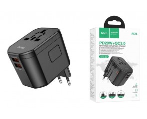 Сетевой адаптер-переходник Hoco AC15 Walker three-port PD20W(1C2A) универсальный зарядный конвертер (EU) Black (черный)