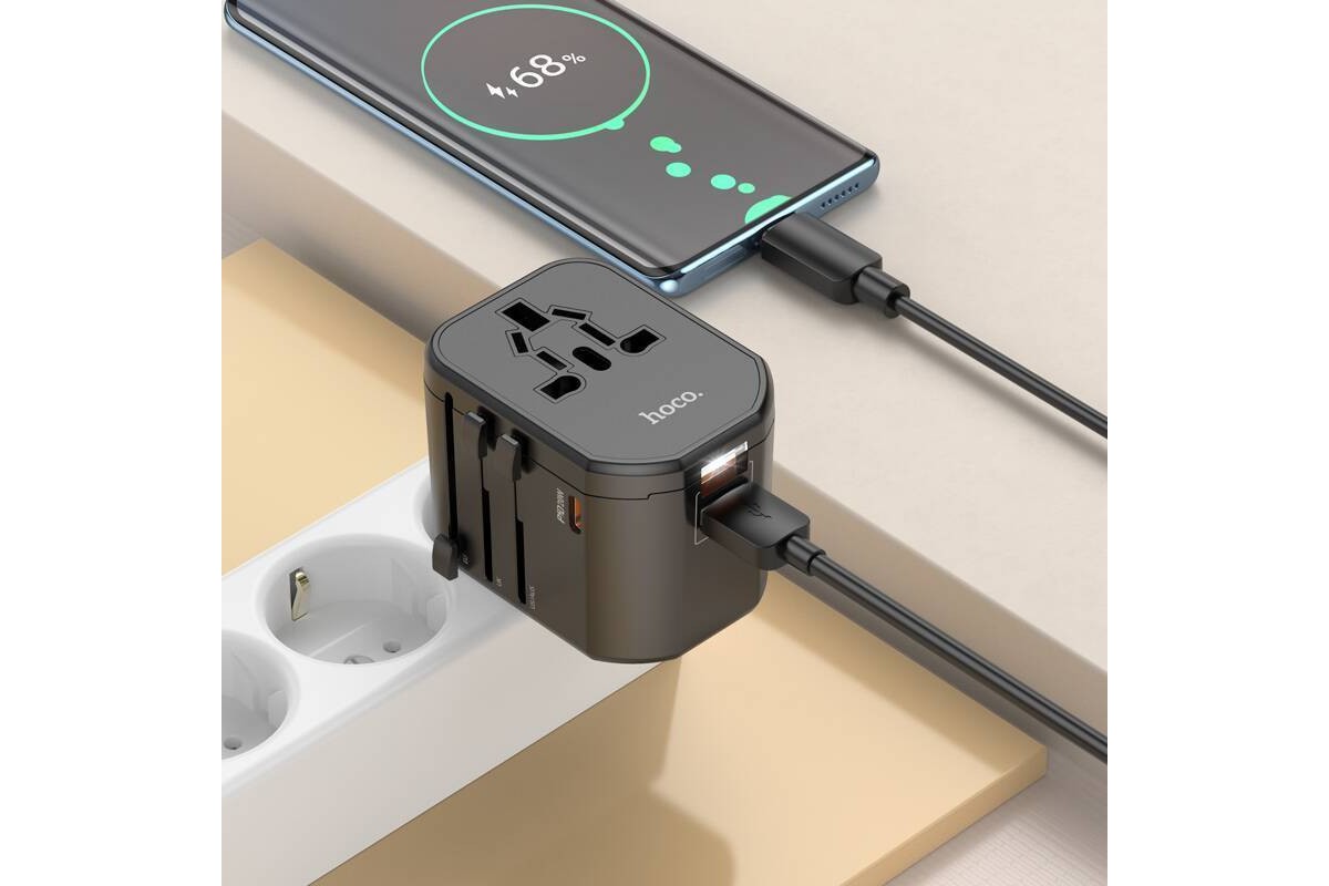 Сетевой адаптер-переходник Hoco AC15 Walker three-port PD20W(1C2A) универсальный зарядный конвертер (EU) Black (черный)