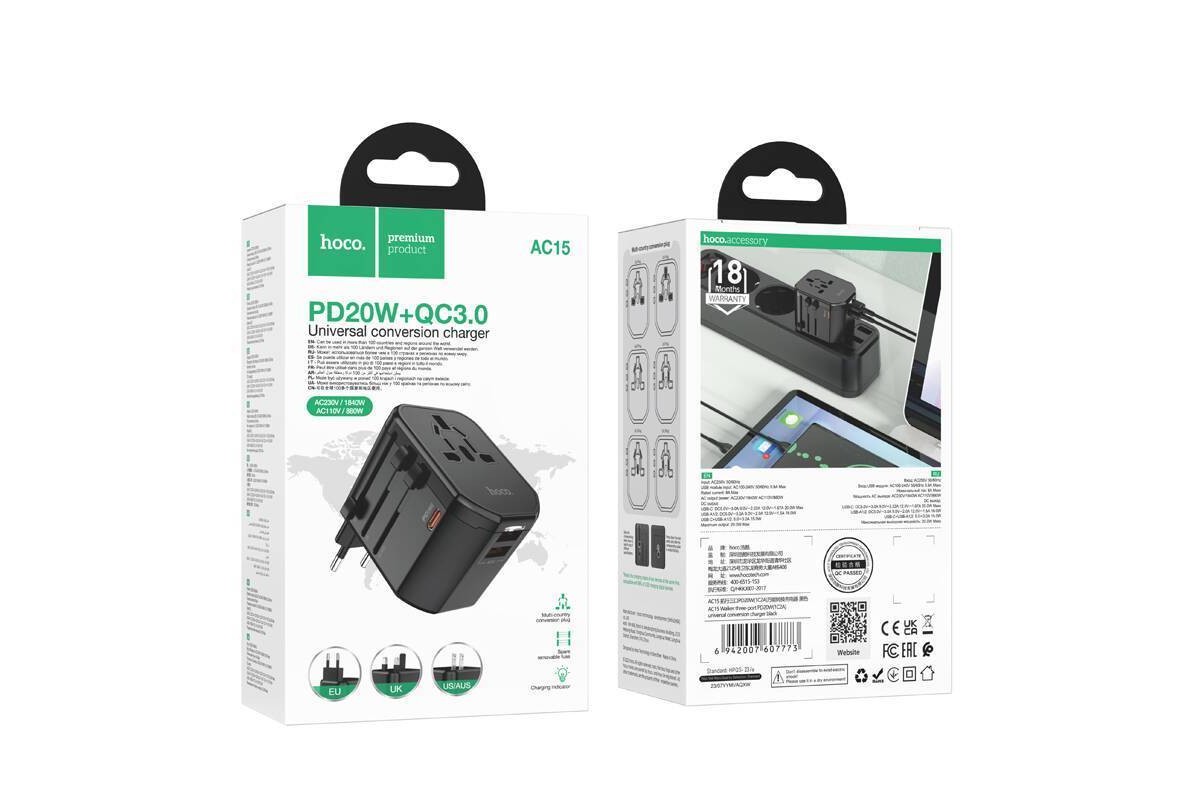 Сетевой адаптер-переходник Hoco AC15 Walker three-port PD20W(1C2A) универсальный зарядный конвертер (EU) Black (черный)