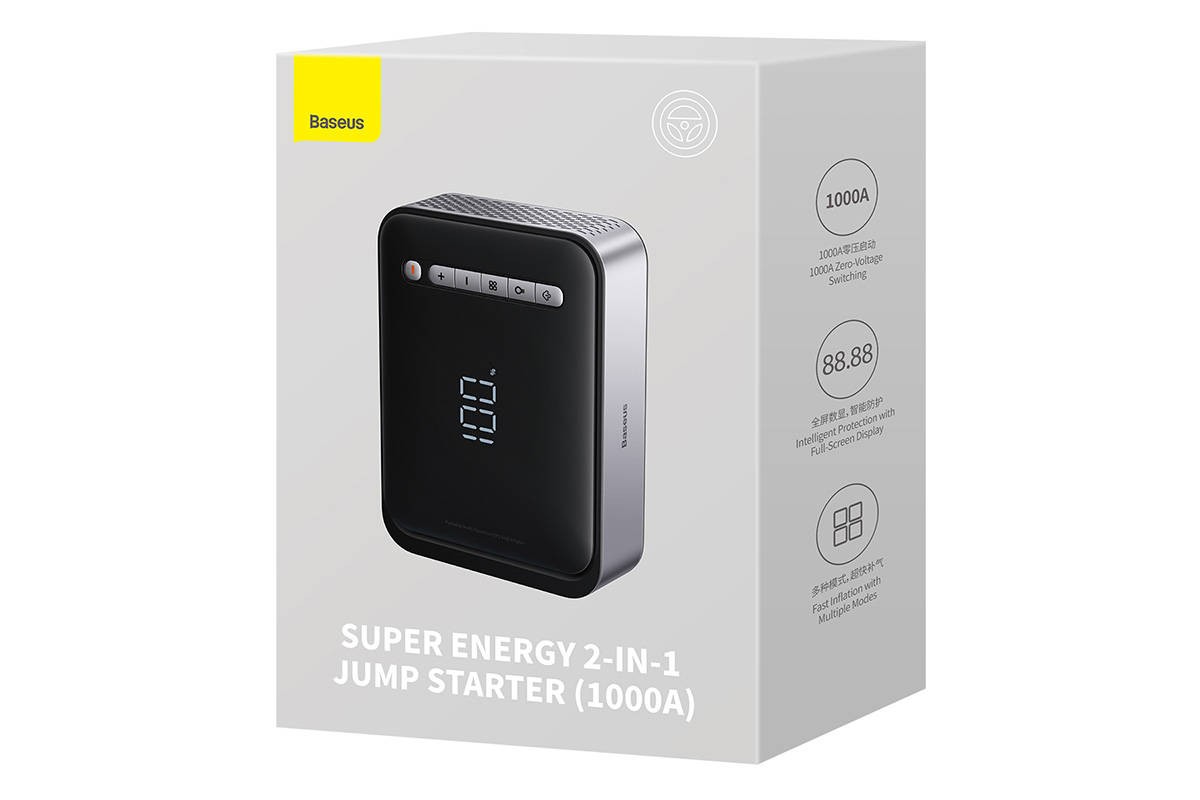 Стартер BASEUS Super Energy 2in1 Car Jump (1000A), 2.4A, 8000 мАч, черный Стартер BASEUS Super Energy 2in1 Car Jump (1000A), 2.4A, 8000 мАч, черный