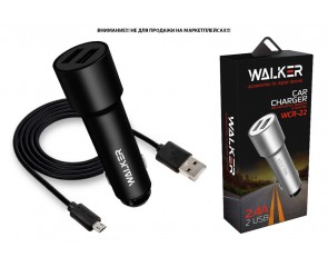 Автомобильное зарядное устройство АЗУ 2USB + кабель MicroUSB WALKER WCR-22, 2.4А, 12Вт, удлиненный корпус, черное