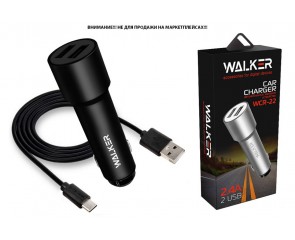 Автомобильное зарядное устройство АЗУ 2USB + кабель Type-C WALKER WCR-22, 2.4А, 12Вт, черное