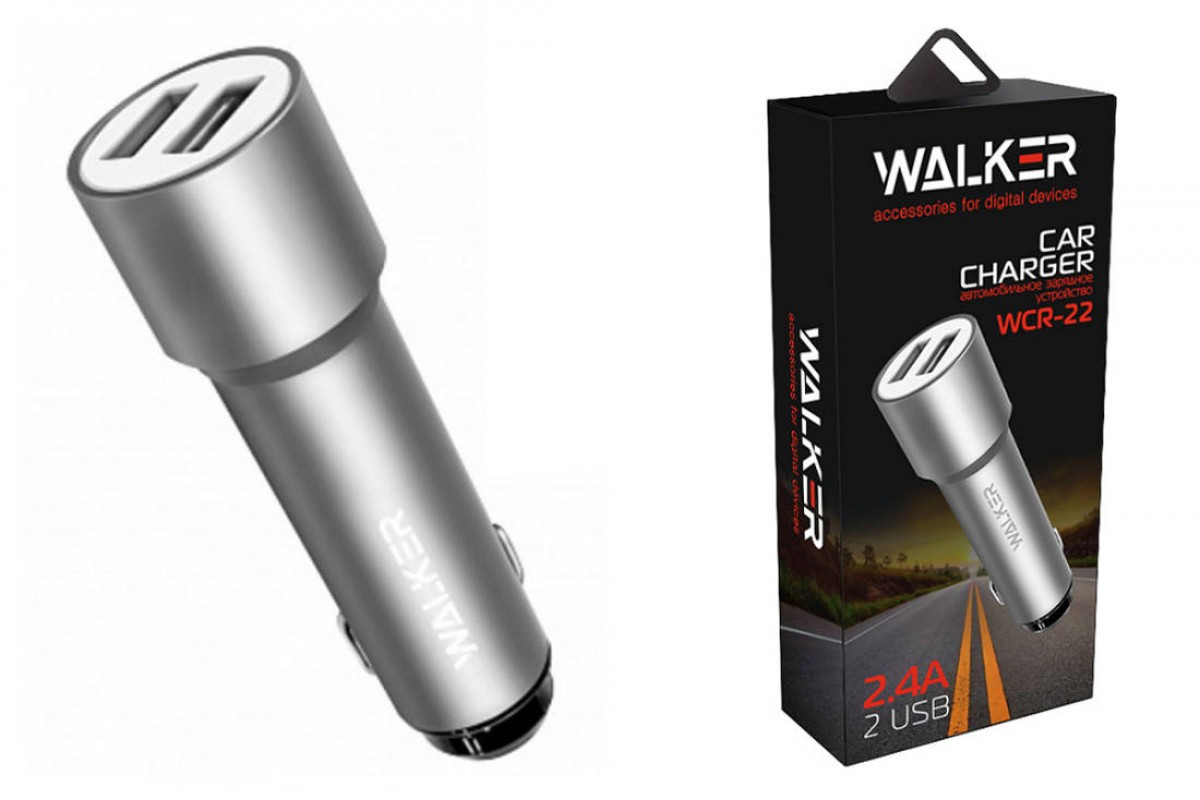 AЗУ WALKER WCR-22, 2.4А, 12Вт, USBx2, блочок (удлиненный корпус), серое