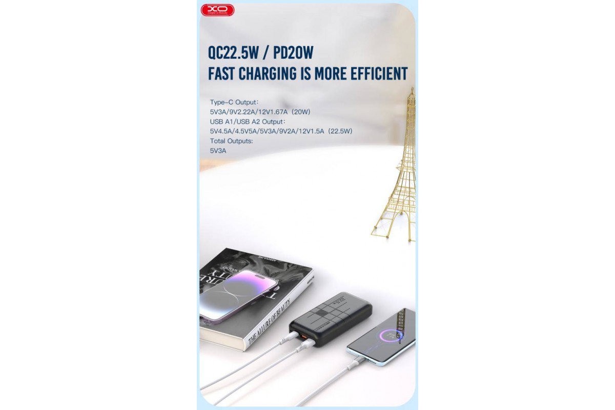 Универсальный дополнительный аккумулятор Power Bank XO PR188 NEW LOGO fast charge light display PD20W+QC22.5W 20000mAh (черный)