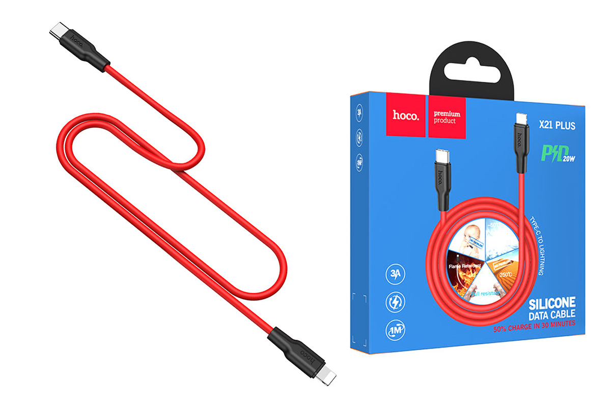 HOCO X21 Plus Silicone PD charging data cable for Type-C to Lightning 1м красный