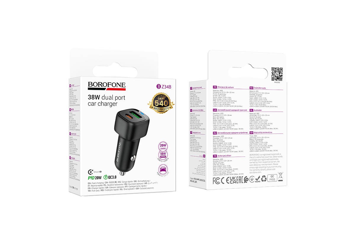 Автомобильное зарядное устройство АЗУ USB + Type-C BOROFONE BZ34B Cloud PD38W (черный)