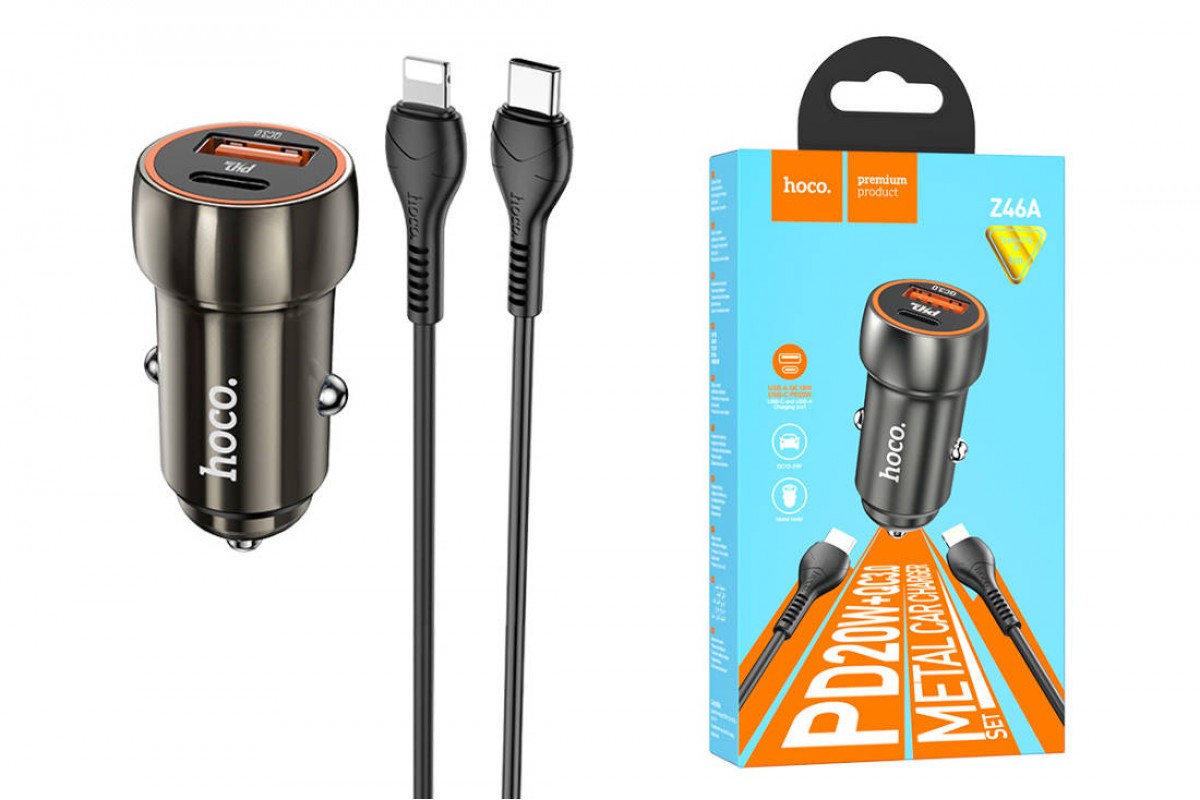Автомобильное зарядное устройство USB +Type C HOCO Z46A Blue whale PD20W+QC3.0 car charger Set(C TO Lightning) серый
