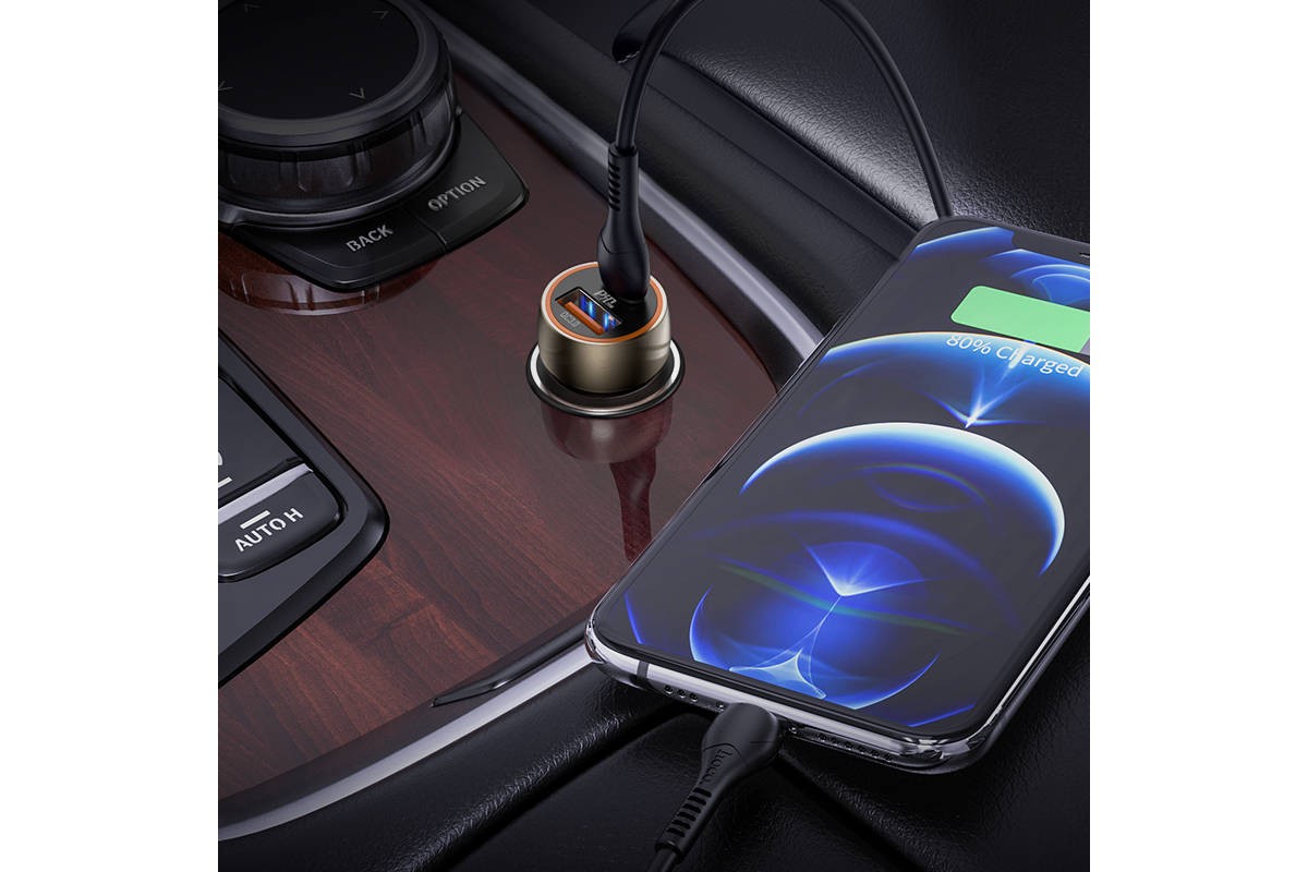 Автомобильное зарядное устройство USB +Type C HOCO Z46A Blue whale PD20W+QC3.0 car charger Set(C TO Lightning) серый