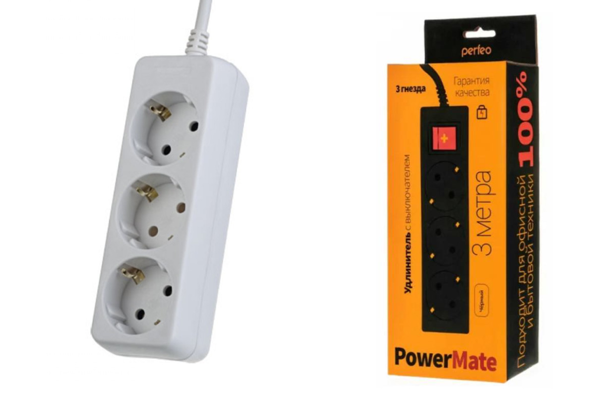 Perfeo сетевой удлинитель с заземлением "POWERMATE", 3,0м, 3 розетки, белый (PF-PE-3/3,0-W) Perfeo сетевой удлинитель с заземлением "POWERMATE", 3,0м, 3 розетки, белый (PF-PE-3/3,0-W)