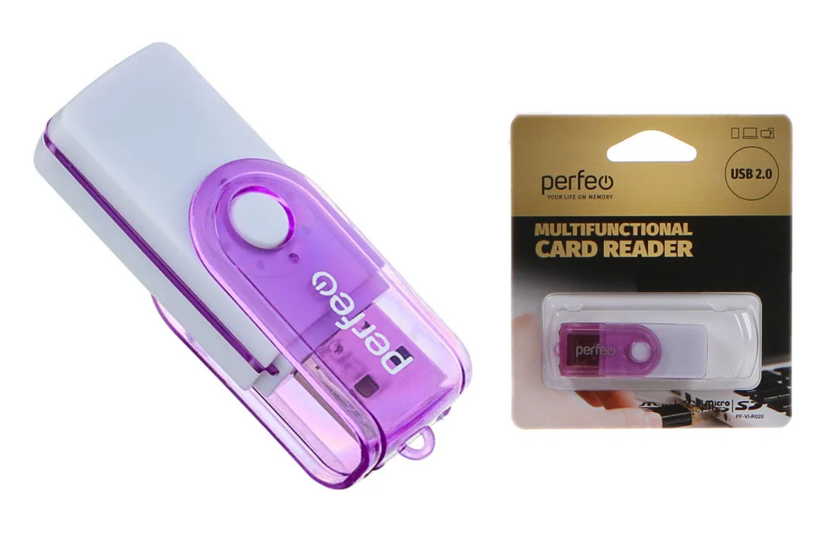 Perfeo Card Reader SD/MMC+Micro SD+MS+M2, (PF-VI-R020 Purple) фиолетовый
