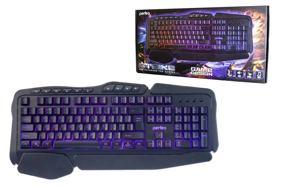 Клавиатура игровая проводная Perfeo "STRIKE" Multimedia, подсв. 3 цвет, USB, чёрный PF_A4390
