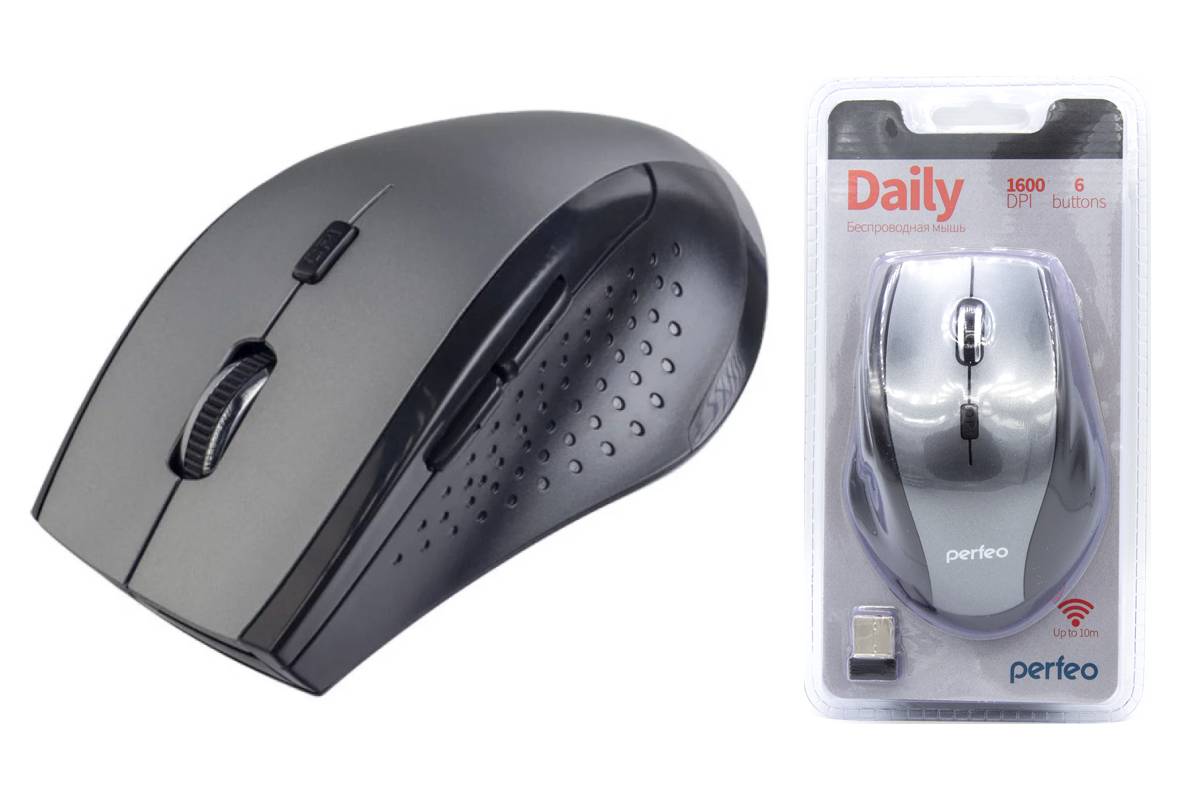 Мышь беспроводная Perfeo "DAILY", 6 кн, DPI 800-1600, USB, серый металлик PF_A4508