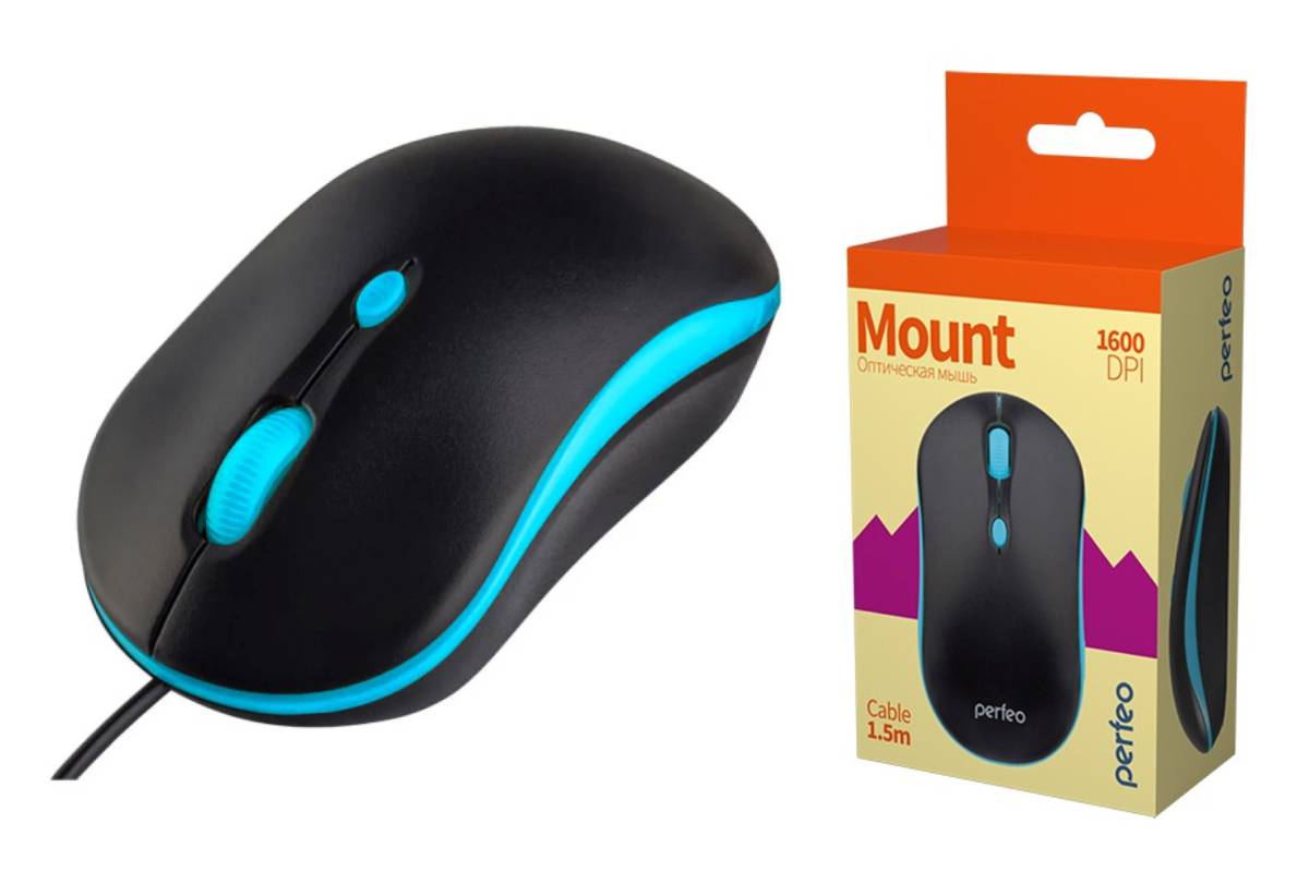 Мышь проводная Perfeo "MOUNT", 4 кн, DPI 800-1600, USB, чёрн/голубая PF_A4510