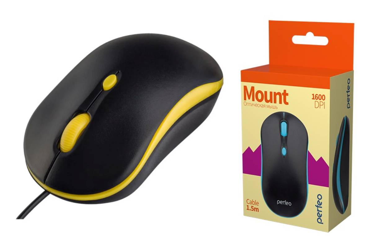 Мышь проводная Perfeo "MOUNT", 4 кн, DPI 800-1600, USB, чёрн/жёлтая PF_A4511