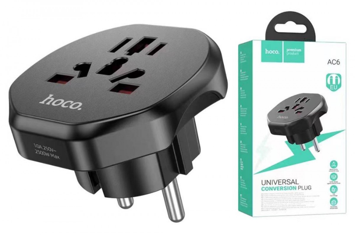 Сетевой адаптер-переходник Hoco AC6 Unimpeded universal conversion plug (EU) Black