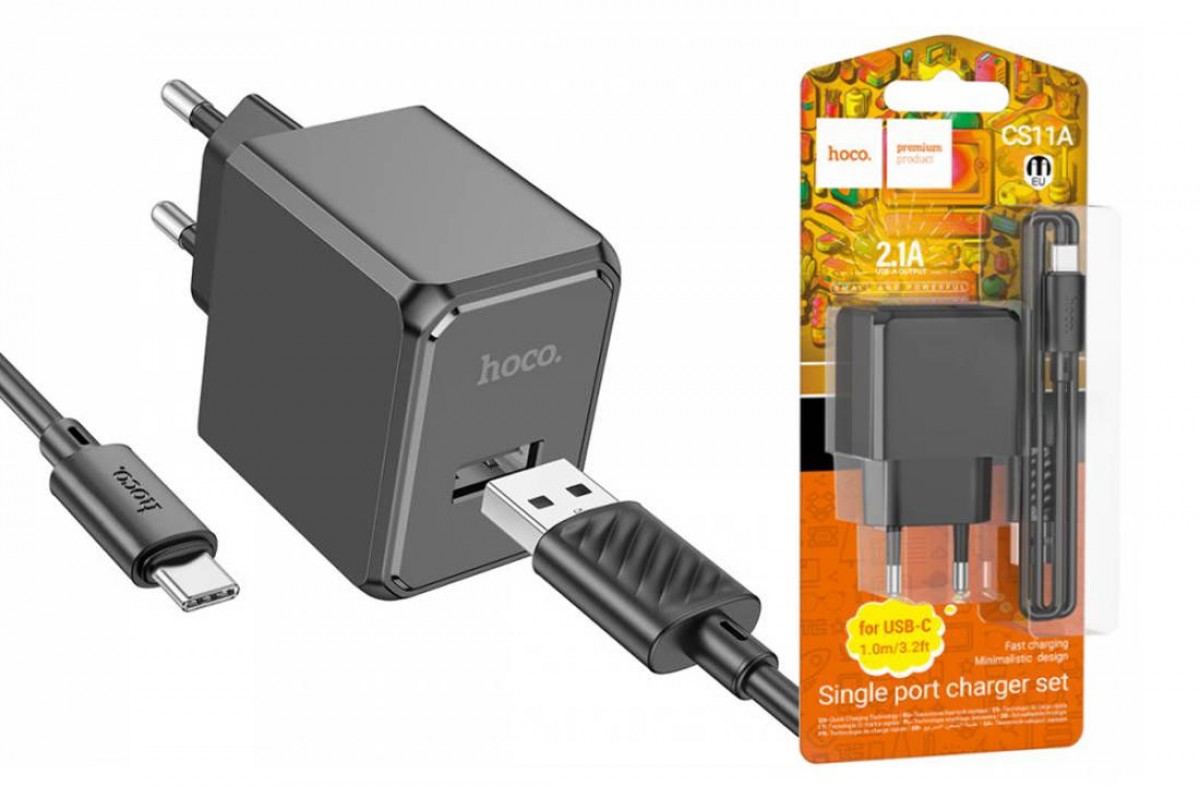 Сетевое зарядное устройство USB + кабель Type-C HOCO CS11A  2100 mAh (черный)