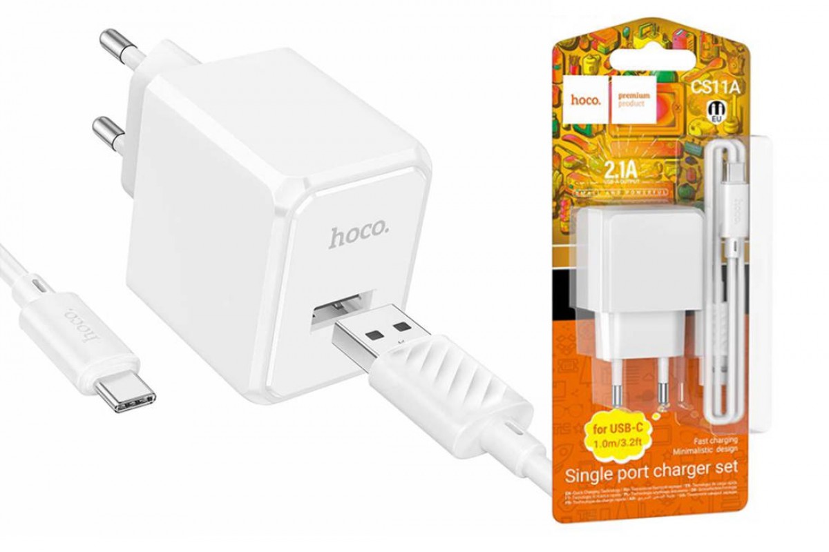 Сетевое зарядное устройство USB + кабель Type-C HOCO CS11A  2100 mAh (белый)