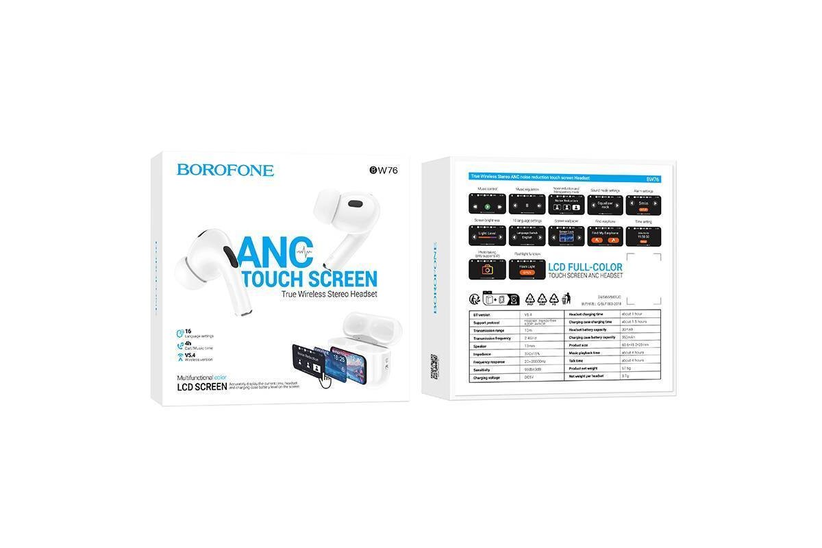 Наушники вакуумные беспроводные BOROFONE BW76 Brocade true wireless ANC noise reduction touch screen BT headset (белый) с дисплеем