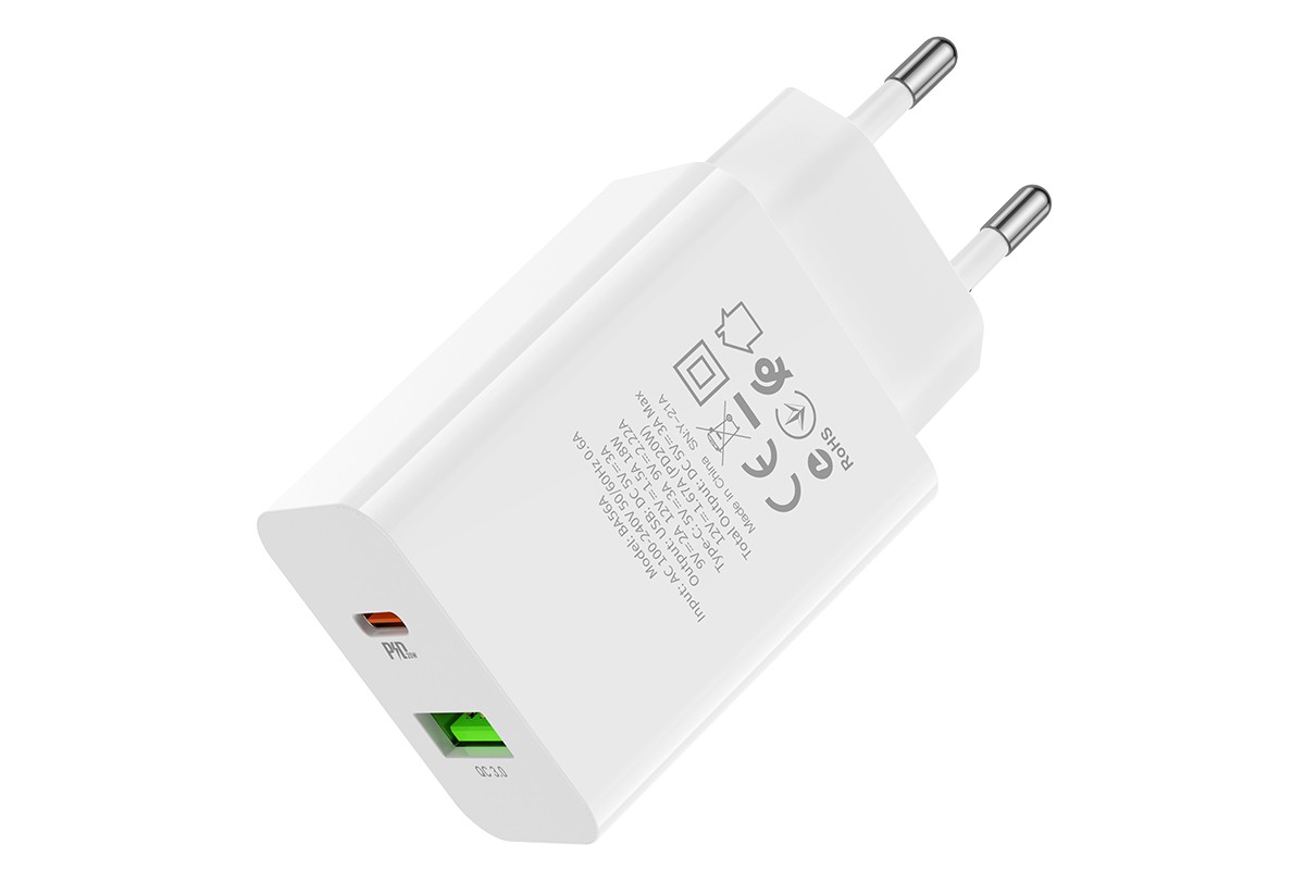 Сетевое зарядное устройство USB + USB-C BOROFONE BA56A Lavida speed dual port PD20W+ QC3.0 charger белый