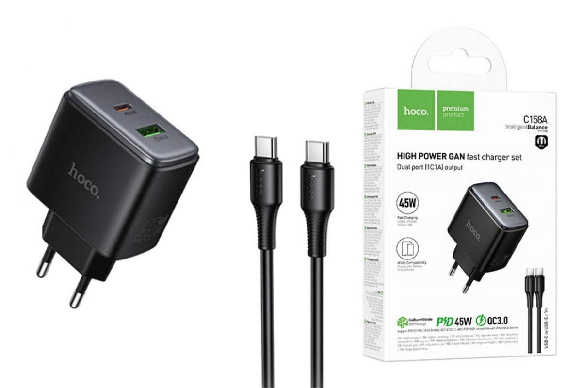 Сетевое зарядное устройство USB-C + кабель Type-C HOCO C158A Upgrade PD45W(1C1A) charger set (черный)